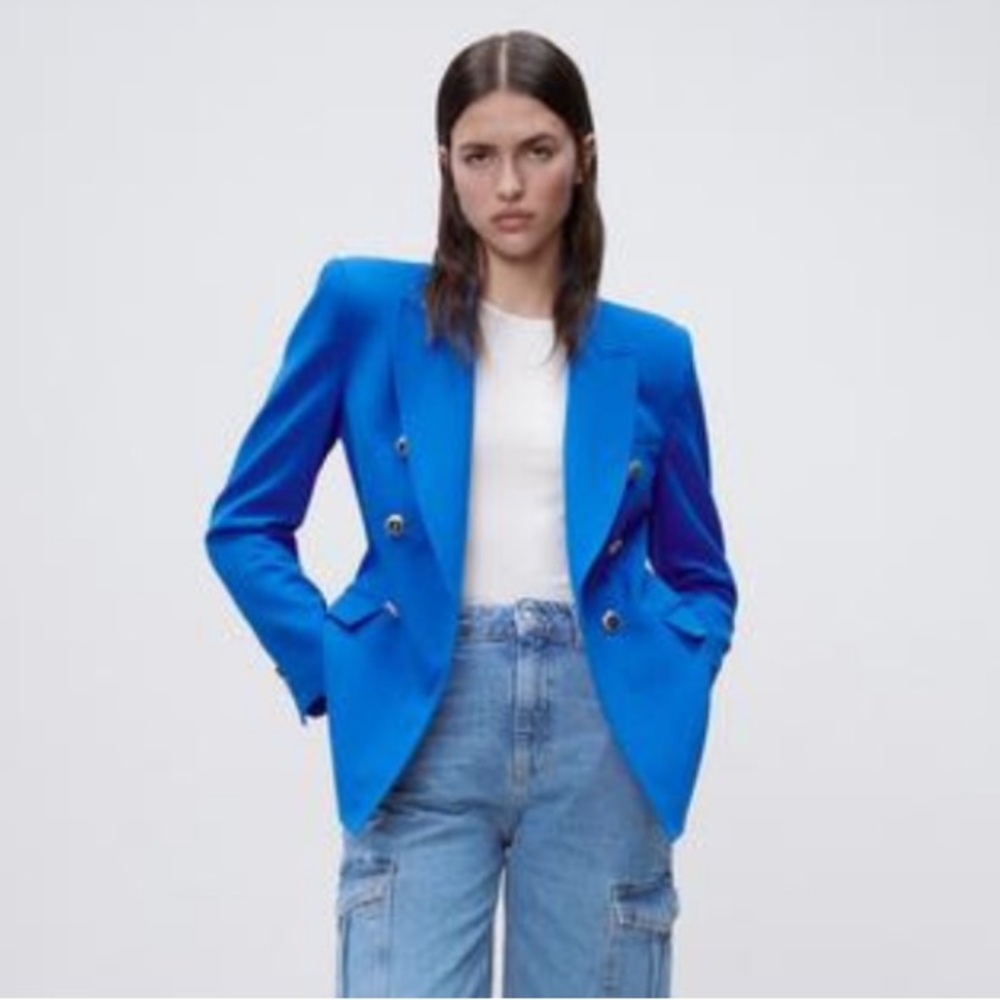 Zara Blue Tailored Textured double Breasted Blazer
